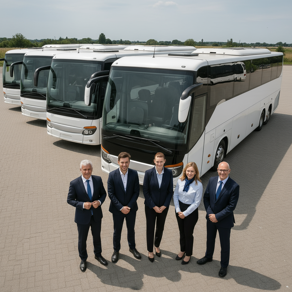 Modern coach hire service traveling through Danish countryside